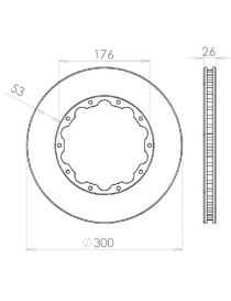 Disque de frein HISPEC 300x26mm fixation rigide 10x176mm, finition rainures droites