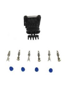 Conector hembra AMP de 4 vÃ­as con terminales y juntas t-ricas.