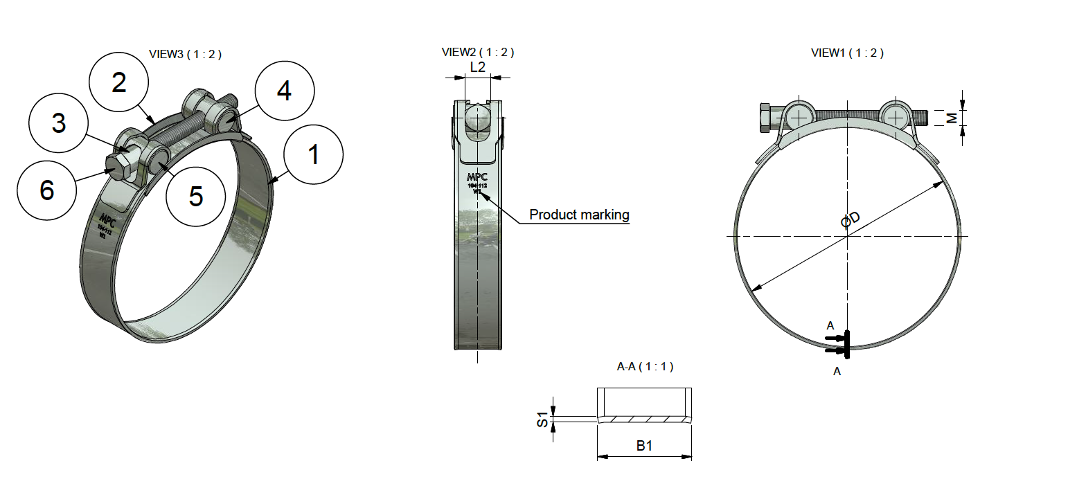 Collier en inox pour échappement pour tubes diamètre 60mm à 63mm